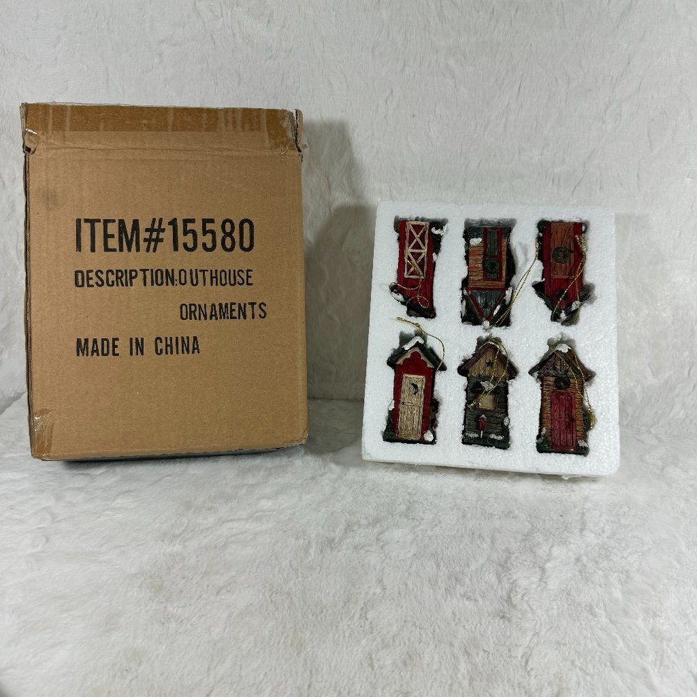 Set of 6 Christmas hanging ornaments Outhouses Resin 3 1/2" tall different style - Picture 2 of 12